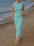  MQTIME  -  Women's Solid Color Sleeveless Asymmetrical Maxi Dress Slim Fit Sexy Pleated Chic Summer Fashion Holiday Style with Slit