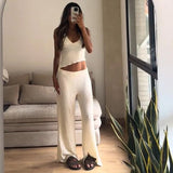 MQTIME  -  Sexy Knit Halter Top Pant Sets Women Asymmetric Backless Sleeveless Crop Vests Wide Leg Pants 2025 Summer Lady Holiday Outfits