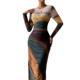 MQTIME  -  Women Vintage Contrast Color Long Dress Fashion Patchwork Office Pencil Dress 2024 Spring Long Sleeve Printing Work Clothes
