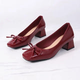 MQTIME  -  Elegant Ballet Wine Red Bowknot Medium Heel Pumps Women Summer Classic Square Toe Thick Heel Pumps Women Black Office Shoes