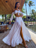 MQTIME  -  Solid See Through Two Piece Set With Skirt Strapless Long Sleeve Top High Split A-line Skirt Suit Summer Chic Beach Holiday Sets