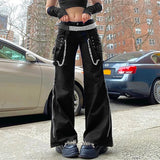  MQTIME  -  Women Chain Cargo Pants Dark Academia Hip Hop Punk Gothic Trousers High Waist Straight Long Pants Streetwear