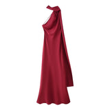 MQTIME  -  Women Ribbon Hanging Neck Long Dresses Solid Color Summer Sleeveless Backless Slim Halter Party Dress Female Elegant Satin Robe