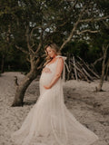 MQTIME  -  Maternity Summer Photography Dress Sleeveless Off Shoulder Soft Tulle Women Pregnancy Gown for Baby Shower Photoshoot