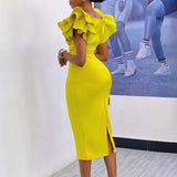 MQTIME  -  Summer New Elegant Bodycon Dresses Women Square Neck Ruffles Sleeve Sheath Package Hips Business Work Dresses