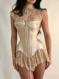 MQTIME  -  Custom Ivory High Neck Evening Dress Floral Lace Corset Prom Dresses Mini Vestidos De Noche Ruffle Formal Evening