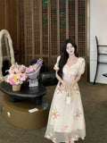 MQTIME  -  Summer French Design Elegant Sundress Women  Sleeves Floral Midi Dress Beach Style Casual Fashion Party Dress Korean