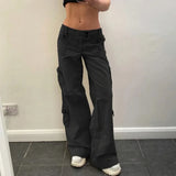 MQTIME  -  Cargo Jeans Women Street Retro Straight Casual Trousers Irregular Multi-pocket Wide Belt Design Jeans
