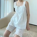  MQTIME  -  Palace style pure cotton wood ear suspender pajamas set summer new Korean ins sweet girl square neck home outfit