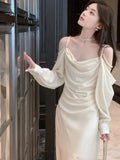 MQTIME  - Summer Elegant Vintage Party Dresses for Women Off Shouder Long Sleeve Dress Patchwork Pearl Beading Strap Vestido New 2024