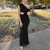 MQTIME  -  Elegant Hollow Out Irregular Evening Dress Women Sexy Slant Collar Slim Long Dress Fashion Hight Waist Solid Color Party Dresses