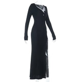 MQTIME  -  Lace Patchwork Ribbed Bodycon Maxi Dress Women Fashion Sexy Buttons V Neck Full Sleeve High Slit Casual Streetwear Long Robe