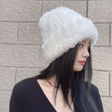 Mqtime Winter Warm Furry Beanies Hat Hair Knitted Cap Fluffy Fur Couple's Hat Women Warm Ear Protection Cap Thickened Casual