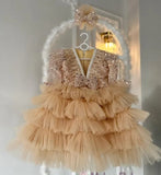MQTIME  -  Children's evening dress V-neck sequined long-sleeved fluffy elegant girl princess dress for 0-12 years old birthday party