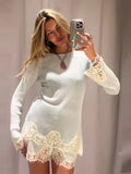 MQTIME  -  Lace Trim Women Short Suit Round Neck Sheer Layers Knitted Top Solid Elastic Waist Shorts Beach Vacation Daily Suits For Ladies