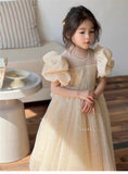 MQTIME  -  Girls Princess Long Dress Fashion Bow Sequin Puff Sleeve Tutu High End Formal Party Gown Ball New Style Children Evening Dress