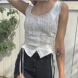 MQTIME  -  2024 New Summer Pure White Sleeveless Vest-style Lace-up Round Neck Lace Drawstring Y2k Top With A T-shirt Inside And A Bottom