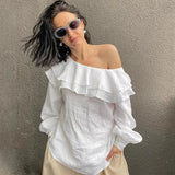  MQTIME  -  European and American Commuter Women's French Style White Cotton Ruffled Asymmetric Collar Shirt