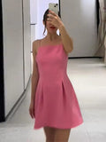 MQTIME  -  Halter Waist Cinched Dress One Neck Pink Pleated Fuffy Short Dresses Slim Fit Suspender Dress Women Strap Party Evening Gown