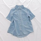 MQTIME  -  Women's Denim Shirt Summer Short Sleeve Loose Single Breasted Blouse Casual Cotton Jean Shirt Tops For Ladies