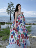 MQTIME  -  French Elegant Floral Print Long Dress Women Spaghetti Straps Sexy party A-line Ladies Dress Beach Vacation Robe