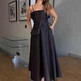 MQTIME  -  2025 Summer Retro Style Satin Spaghetti Strap Evening Dress Fashion High Waist A-line Ruched Banquet Gowns for Laies
