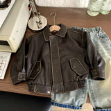 MQTIME  -  Boys Leather Jacket Autumn Spring Korean Style New Arrival Trendy Fashion Cool Brown Solid Color Jackets Coats
