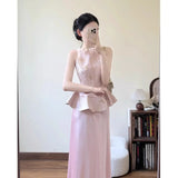 MQTIME  -  Elegant Temperament Luxury O Neck Sleeve Slim Waist Pleated Edge Shirts Y2k Satin Solid Long Skirts Korean All Match Clothes