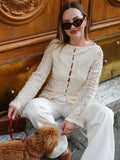 MQTIME  -  Lace Elegant Embroidery Shirts Women Autumn New Hollow Out Slim Long Sleeve T-Shirts Fashion Off Shoulder Cardigan Top