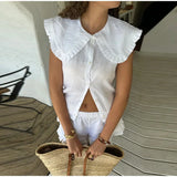 MQTIME  -  Casual Doll Collar Shirt Skirt Sets Women Cotton Linen Buttons Sleeveless Top Pleated A-line Mini Skirts 2025 Summer Lady Suit