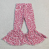  MQTIME  -  Baby Girls Denim Western Brown Cow Print Bell Bottom Kids Children Toddler Flared Pants Double Lace Pocket Jeans
