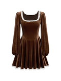 MQTIME  -  New Brown Gold Velvet Lace Elastic Cuffs Long Sleeve Casual Dress French Elegant Cocktail Luxury Party Dress Slim Pleated Skirt
