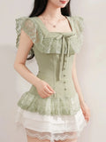  MQTIME  -  Vintage Japanese Square Collar Short Sleeve Solid Lace Patchwork Bow Women Blouse