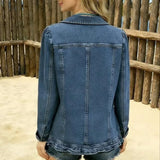 MQTIME  -  Women's Ruffled Denim Jacket Chic Button Slim Fit Short Coat for Spring Autumn Versatile Long Sleeve Solid Color Top