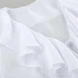 MQTIME  -  Elegant French Style Ruffle Chiffon Blouses Woman's Fashion Deep V Neck Long Sleeve Slim Tops Summer Beach Party Wear