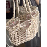 MQTIME  -  Fairycore Floral Straw Bag Purse Women Summer Holiday Large Capacity Woven Handbag Ladies Retro Cute Beach Bag Aesthetic