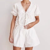 MQTIME  -  Summer Cotton Cut-out Stitching Design Sense Set Women's Summer New V-neck Short Sleeve Lace-up Top Shorts Two-piece Set