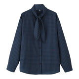 MQTIME  -  Women Plaid Shirts Spring Autumn New Female Scarf Collar Lace-Up Long Sleeve Single Fashion Blouses Lady Casual Chic Shirt Tops