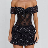 MQTIME  -  Black Polka Dot Mini Dress Women Off Shoulder Lace Bodice Ruffle Tiered Skirt Sexy Party Club Wear Summer Fashion Vestidos