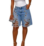  MQTIME  -  Summer New Fashion Women's Hole Washing Water Corns Loose Denim Shorts High Waisted Ripped 5-point Jeans