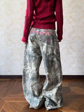 MQTIME  -  Retro Washed Embroidery Branches Camouflage Jeans Wide-leg Casual Baggy Jeans Women