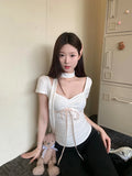 MQTIME  - Lace-Up Neck Tie Ribbon Bow Slim T-Shirt Summer Women Skinny Elegant T Shirts Top#korean y2k cloth e-girl fairycore 2000s grunge