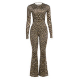 MQTIME  -  Wild Sexy Backless Leopard Print Skinny Flare Jumpsuits Women Fashion O-neck Full Sleeve Peach Hip Slim Casual Overalls Clubwear
