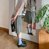 MQTIME  -  Women Gray High Waist Pleated Midi Skirts Front Center Box Pleat Summer A-Line Solid Color Retro Knee Length Skirts With Pockets