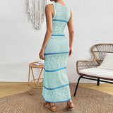 MQTIME  -  Casual Stripe O-neck Knit Elastic Bodycon Dress Sexy Beach Vacation Crochet Women Dresses New Slim Vestidos Patchwork Long Dress