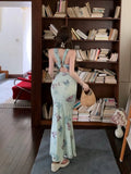 MQTIME  -  Butterfly print backless camisole dress for women's summer temperament buttocks wrapped long slim fit waist fishtail Dress