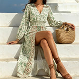 MQTIME  -  Summer Lantern Long Sleeve Split Pleated Dress Elegant High Waist Loose Party Dress Bohemian Style Printed V-neck Vacation Dress
