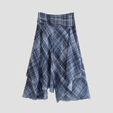 MQTIME  -  Women'S Folding Versatile A-Line Half Length Skirt With High Waist Spring Summer Female Chic Asymmetric Grid Pattern Midi Skirt