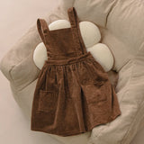  MQTIME  -  Autumn New Girls Corduroy Brown Strapless Dress Retro Casual Back Cross Straps Elastic Waist Sleeveless Dresses Kids Clothes