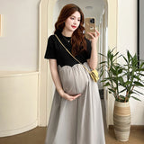 Mqtime 2025 French Style Pregnant Women Elegant Dress Plus Size Long Sleeve O-Neck High Waist Maternity A-Line Dress Long Loose Clothes